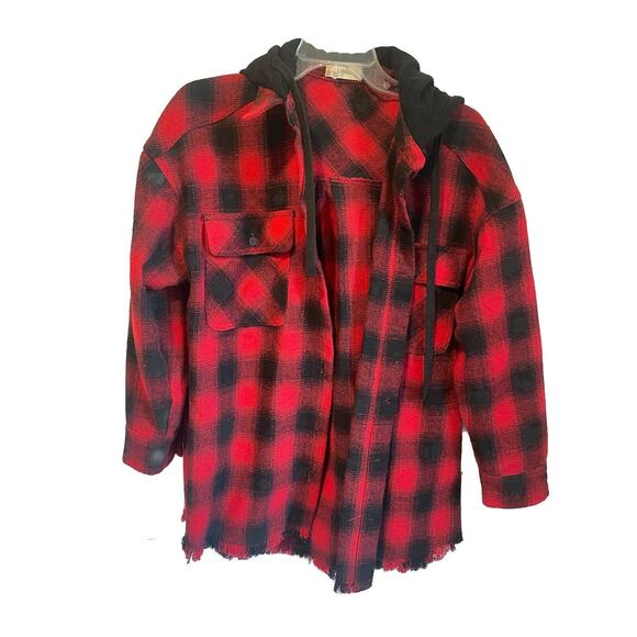 Altar’d State Shacket Womens Small Plaid Hoody Flannel Red Black Tailgate - Picture 2 of 15